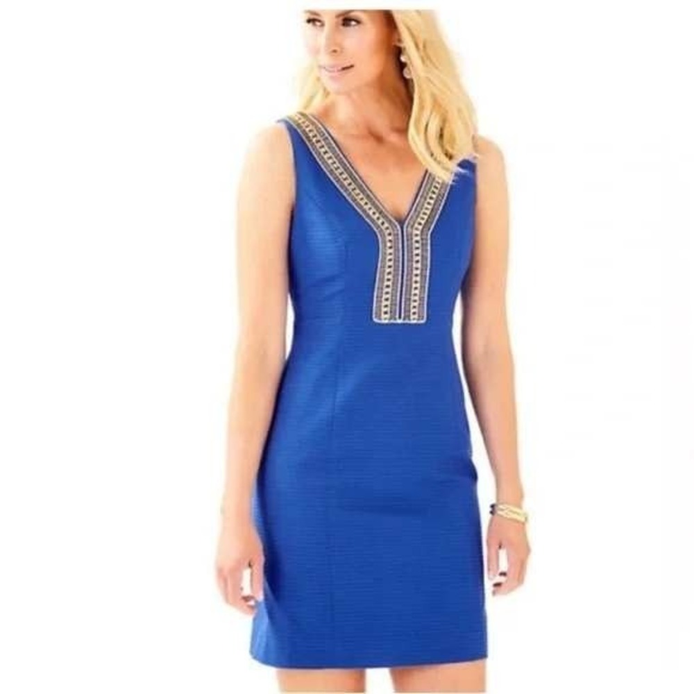 Lilly Pulitzer Eliot Shift Dress Womens Size 0 Blue Gold Beaded Cocktail Coastal